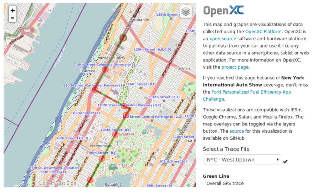 Graphical overlay of a driving route on a map of Manhattan, a screenshot from the Trace Analyzer application